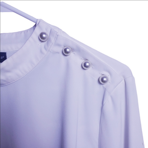THE LIMITED Beaded Pearl Shoulder,  Band Collar Blouse, Wide Cuffs White Size XL - Picture 2 of 7